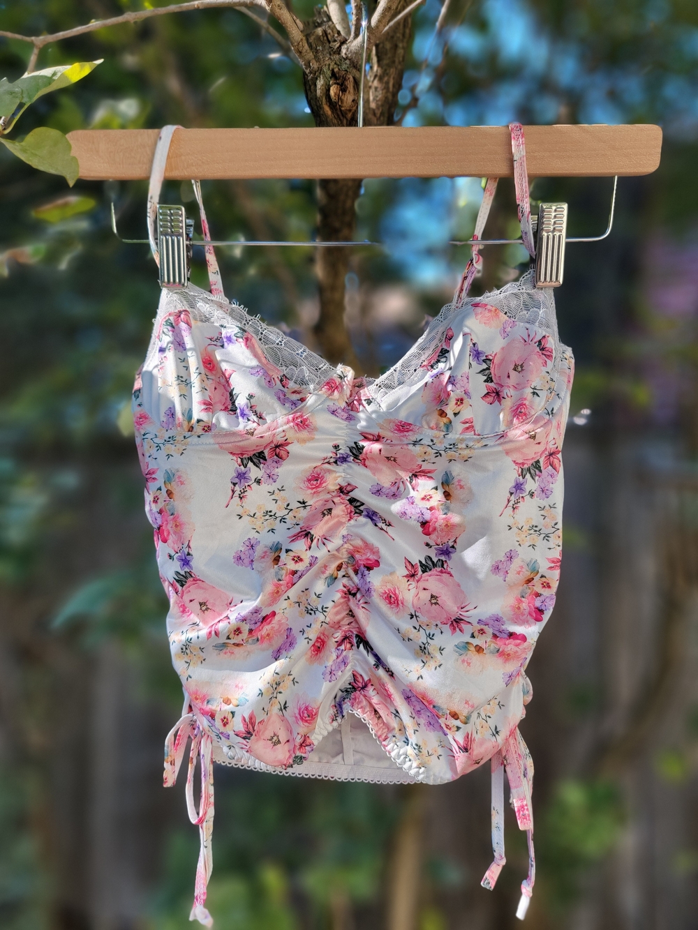 Floral Lace-Trim Ruched Cami Top Bralette - White Floral & Pink